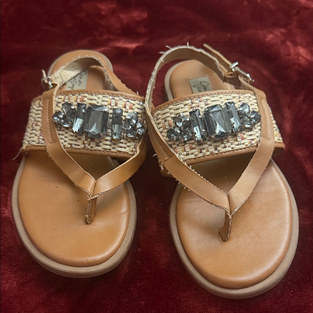 Crown Vintage Tan Woven Thong Sandals with Smoke Crystal Accents